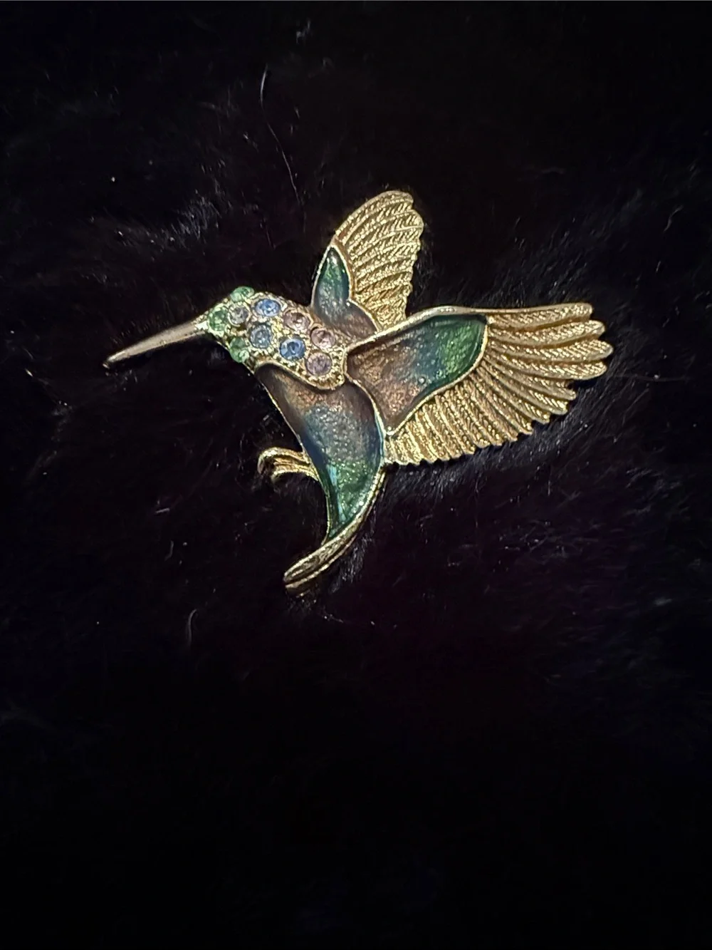 SFJ Gold Tone Hummingbird Brooch with Blue Green Enamel and Rhinestones. - Picture 1 of 4
